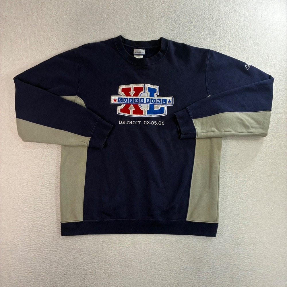 Y2K Reebok Super Bowl Crewneck Sweatshirt Men M Blue‎ Gray Boxy Pullover Vintage